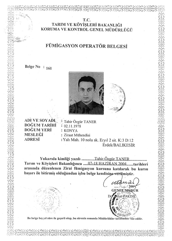Fümigasyon Operatör Belgesi Fümigasyon Operatör Belgesi